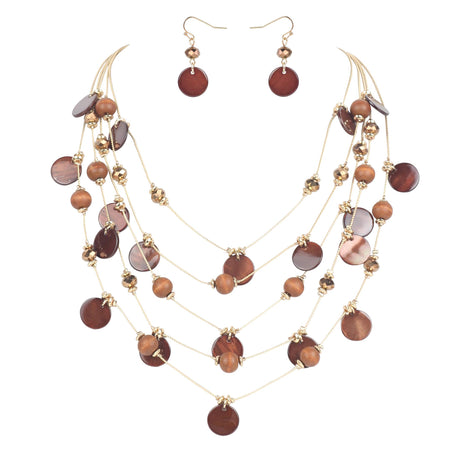 Firstmeet Handmade Multi-Layer Round Shell Wooden Beads Necklace with Earrings(XL-1101-Brown) Firstmeet