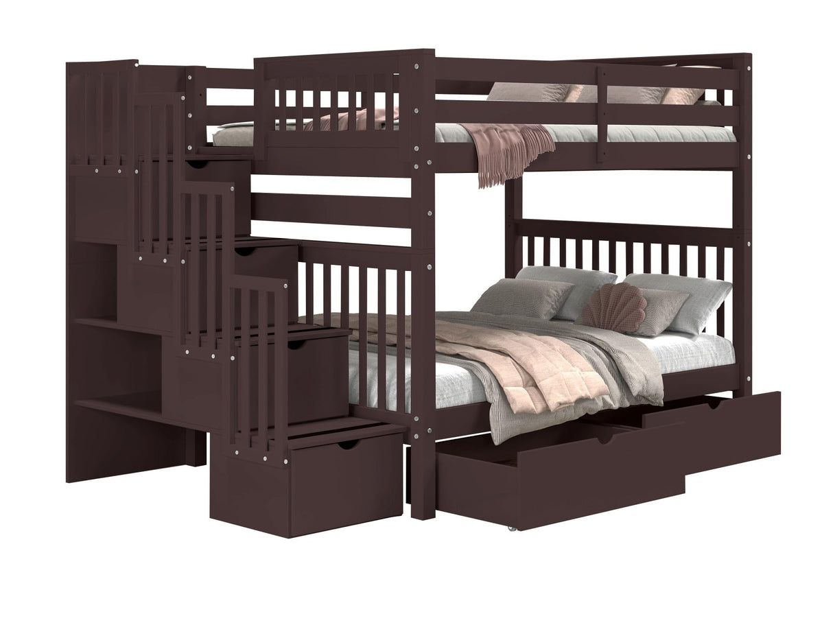 Bedz King Stairway Bunk Beds Full Over Full with 4 Drawers in The Steps and 2 Under Bed Drawers, Dark Cherry Bedz King