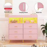 Patikuin Dresser for Bedroom with LED Lights and Power Outlet, Baby Changing Table Dresser with 6 Drawers, 2 Open Storage Shelves, Baby Dresser with Changing Table Top, Pink Patikuin