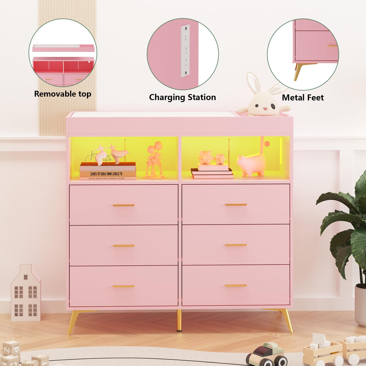 GarveeHome Dresser for Bedroom with 6 Drawers, Baby Changing Table Dresser with Changing Pad, LED Lights & Charging Station, Baby Changing Station with Changing Table Top, Pink GarveeHome