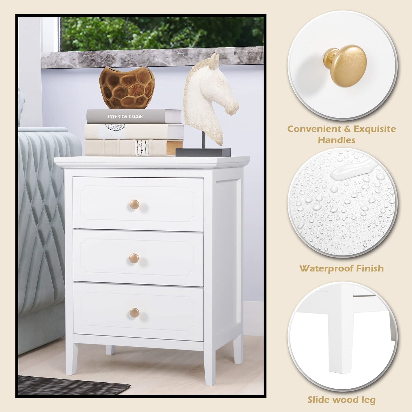 3 Drawer White Nightstand Wooden Large Night Stands with Gold Handle 19 Inch Modern Bedside Table for Bedrooms Mesa de Noche Blanca