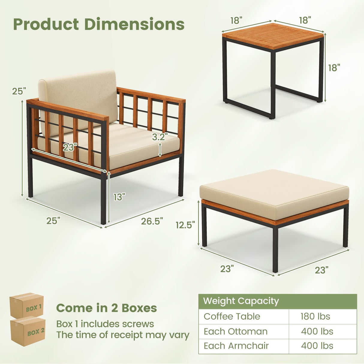 Tangkula 5 Pieces Acacia Wood Patio Furniture Set with Ottomans, Outdoor Conversation Set with Soft Cushions and Coffee Table for Poolside, Garden, Balcony and Backyard (Beige) Tangkula