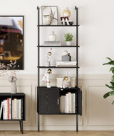 Yusong 73" Tall Bookshelf with Cabinet, Industrial Ladder Wall Mount Shelf Bookcase with Wood and Metal Frame, Plant Shelf Wall Storage Display for Living Room Bedroom, Black Wood Grain Yusong