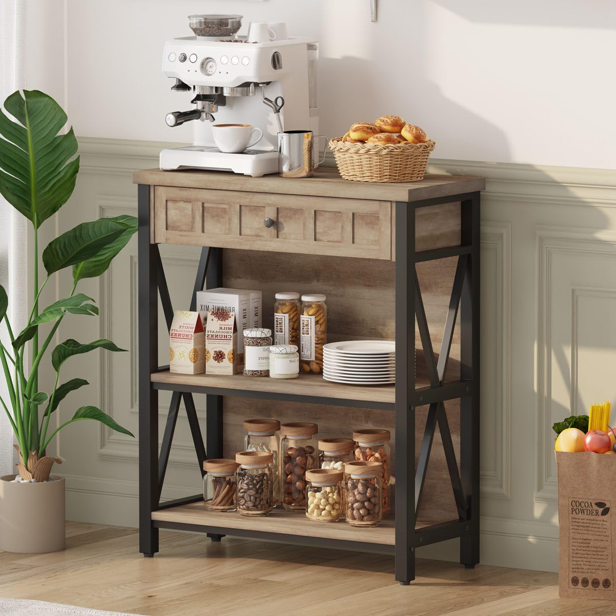 FATORRI Rustic Bookshelf with Drawer, Industrial Wood and Metal Bookcase, Small Short Book Shelf and Low Book case for Small Space (Rustic Oak) FATORRI