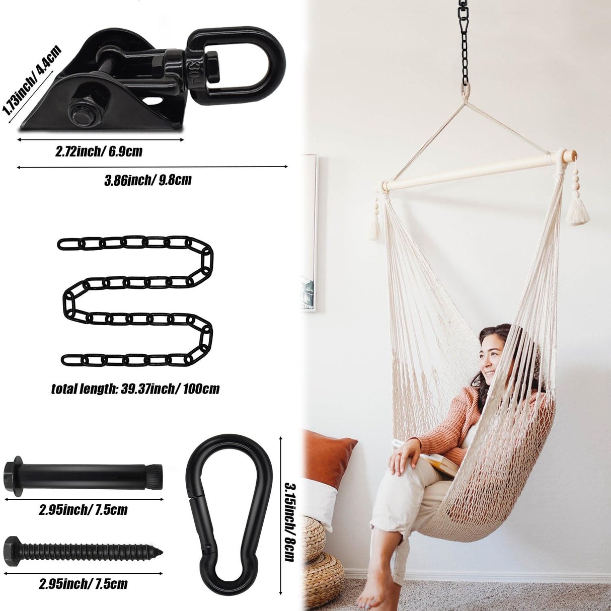 Lendaba Hammock Hanging Kit, Heavy Duty Hanging Chair Hardware 1200 lb Capacity, 360° Rotate Hammock Hooks for Yoga, Chair, Tree, Indoor & Outdoor Gym Ledanba