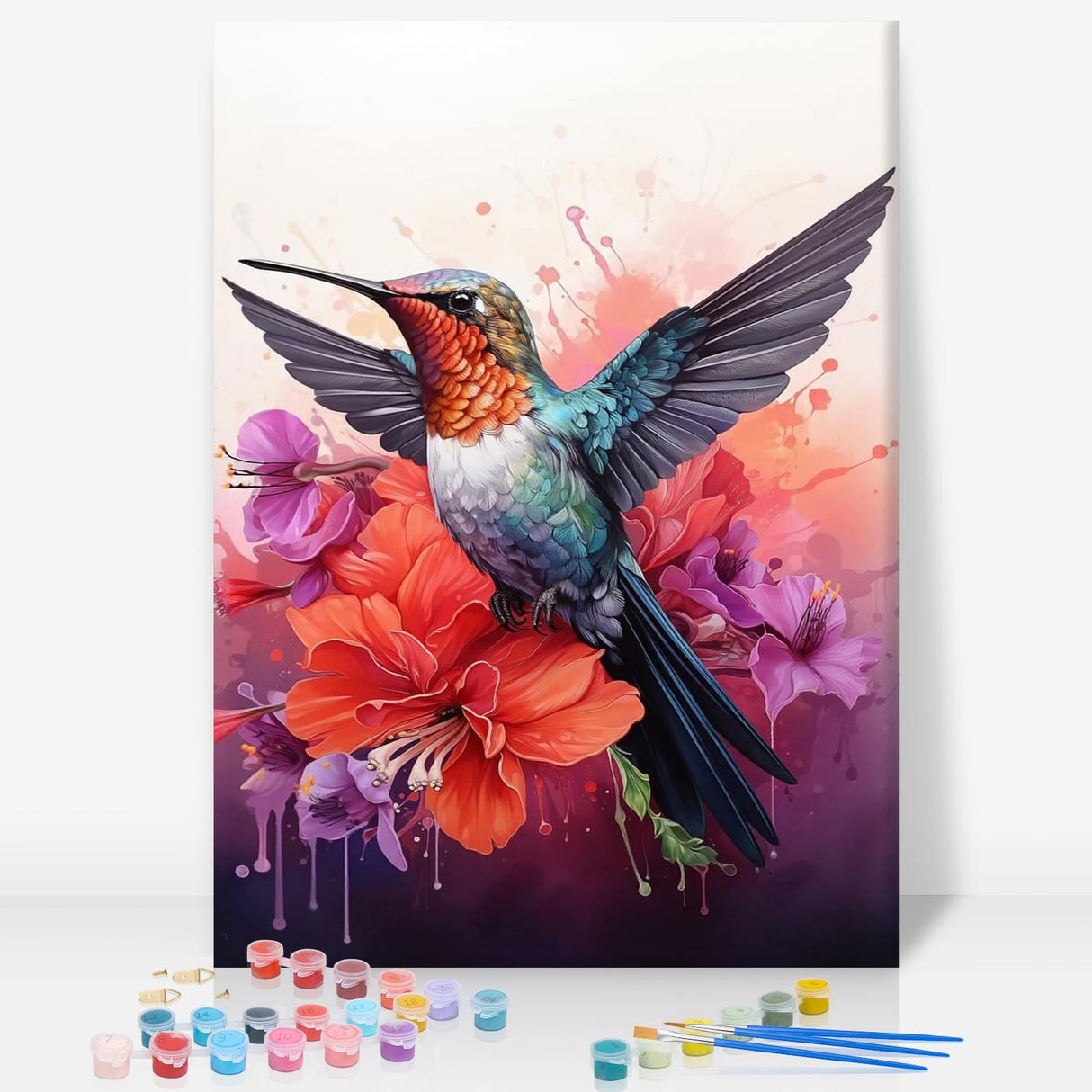 Framed Paint by Numbers Kit for Adults Beginner, Hummingbird Easy Paint by Number Kits on Canvas Framed, DIY Acrylic Oil Painting by Numbers with Frame for Gift Home Decor 8 x 12 inch GEEHEIY