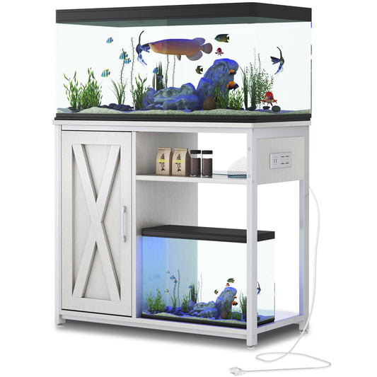 ZERDER Aquarium Stand with Power Outlets, Cabinet for Fish Tank Accessories Storage, Heavy Duty Metal Fish Tank Stand for Turtle Tank (White, 40-50 Gallons)