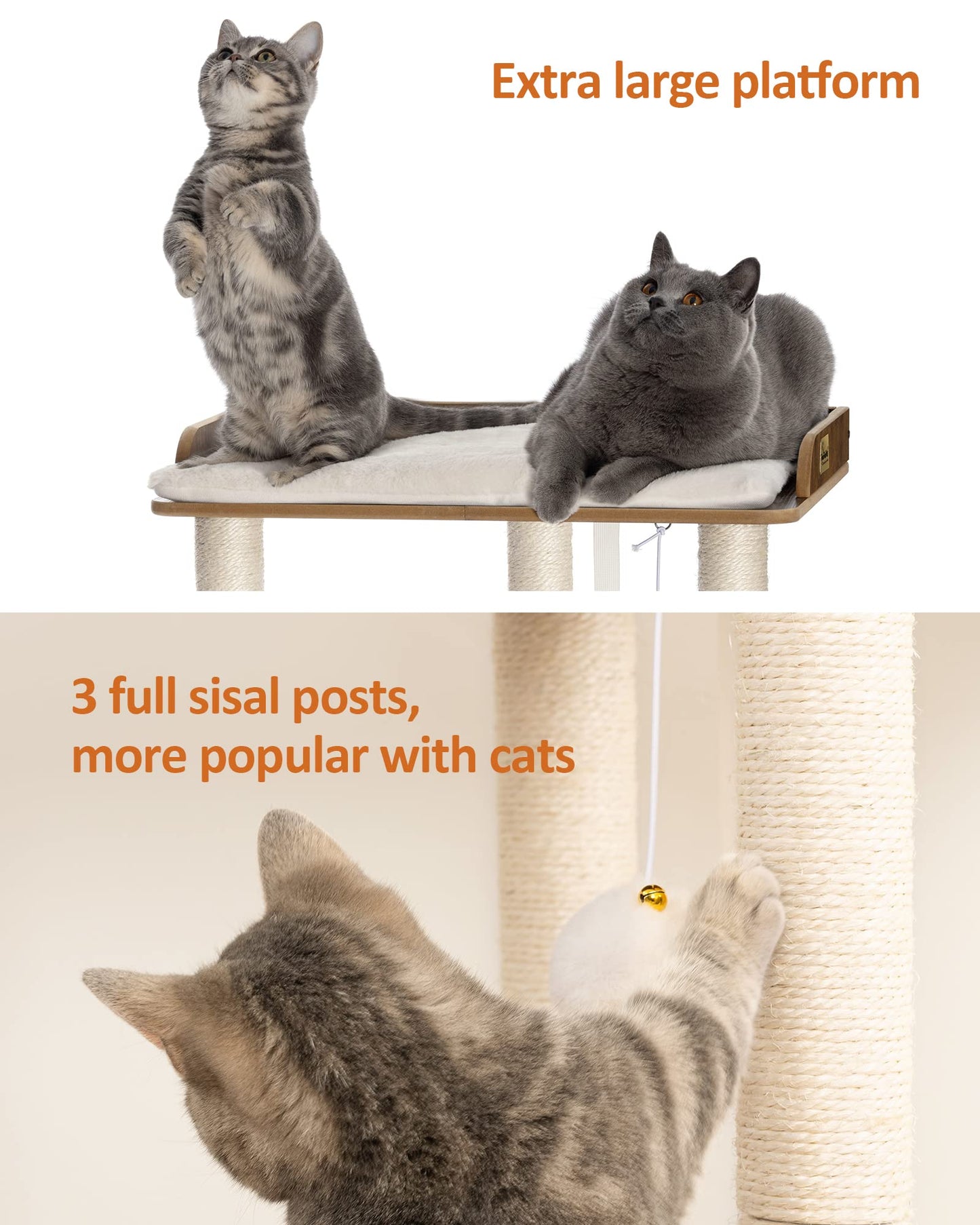 FourFurPets 26.7in Large Cat Tree Tower Condo, Cat Scratch Posts for Indoor Cats, Big Plate, Three 23.6in Full Sisal Scratching Posts, Rustic Brown - WoodArtSupply