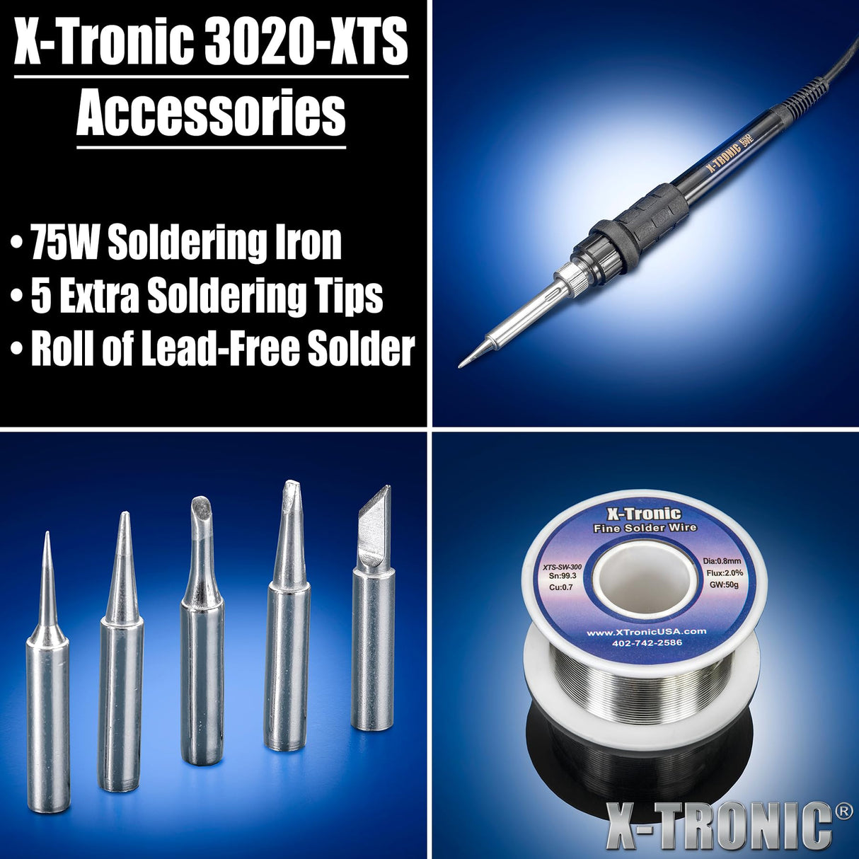 The Original X-Tronic 3020-XTS • 75W Soldering Iron Station Kit • 2 Helping Hands • Silicone Tool Mat • 5 Extra Tips • 50g Roll of Solder • Brass Sponge • Cleaning Flux • C/F Conversion • Auto Sleep! X-TRONIC