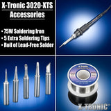 The Original X-Tronic 3020-XTS • 75W Soldering Iron Station Kit • 2 Helping Hands • Silicone Tool Mat • 5 Extra Tips • 50g Roll of Solder • Brass Sponge • Cleaning Flux • C/F Conversion • Auto Sleep! X-TRONIC