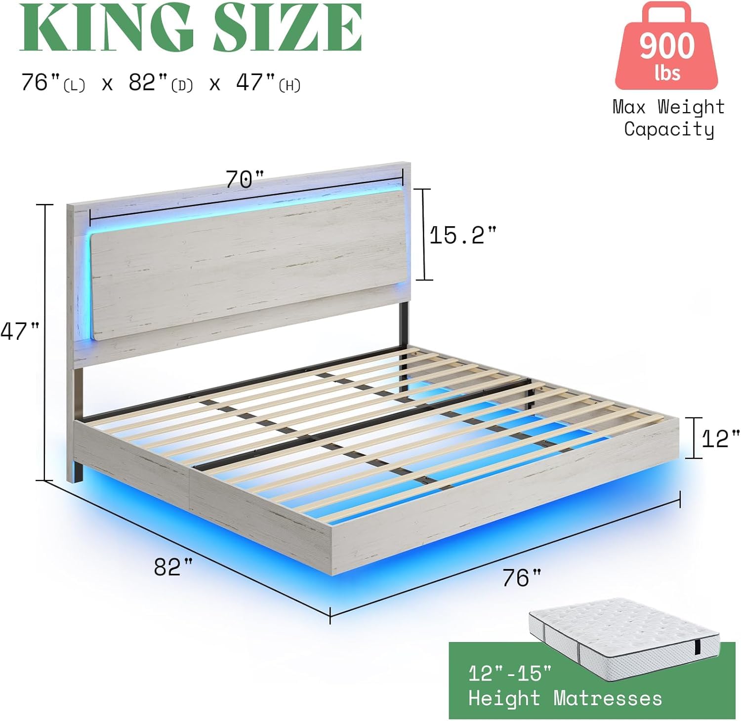 AMERLIFE Distressed White King Floating Bed Frame with LED Mood Lighting and Recline Headboard - WoodArtSupply