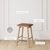 Nathan James Barker Classic Counter Height Wood Barstool with Leather Removable Cushion, Backless Island 24" Bar Stool for Kitchen, Chestnut Brown Nathan James