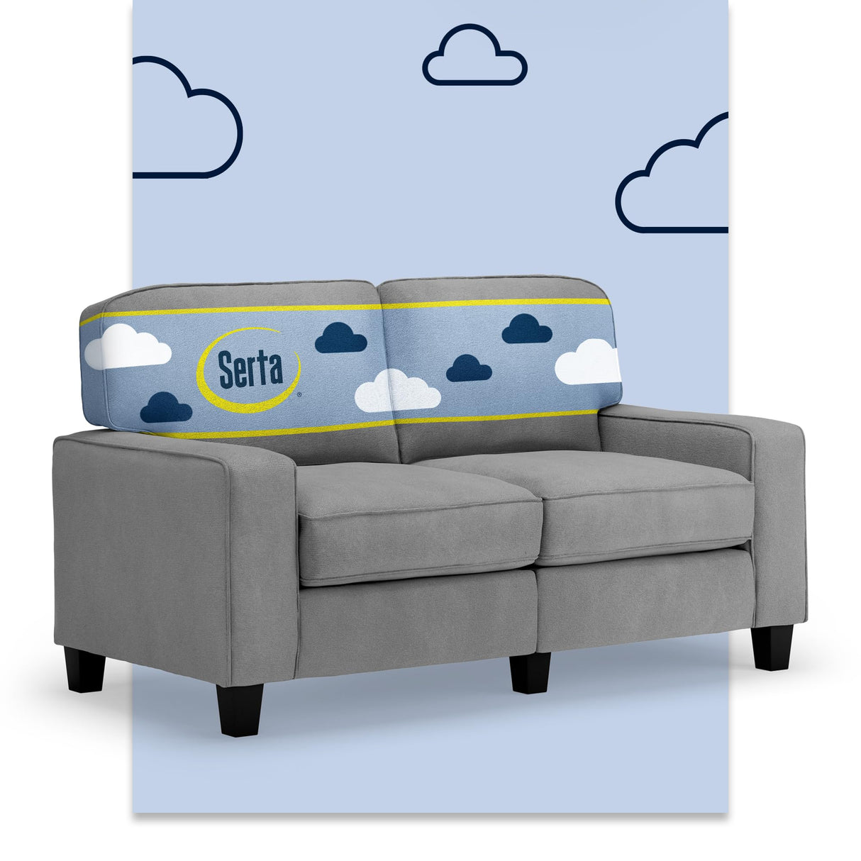 Serta Palisades 61" Track Arm Sofa, Easy Care Polyester, Soft Pillow Back, Pocket Coil Seat Cushions, Removable Covers, Loveseat or Couch for Small Spaces, Living Rooms or Bedrooms, Glacial Gray Serta