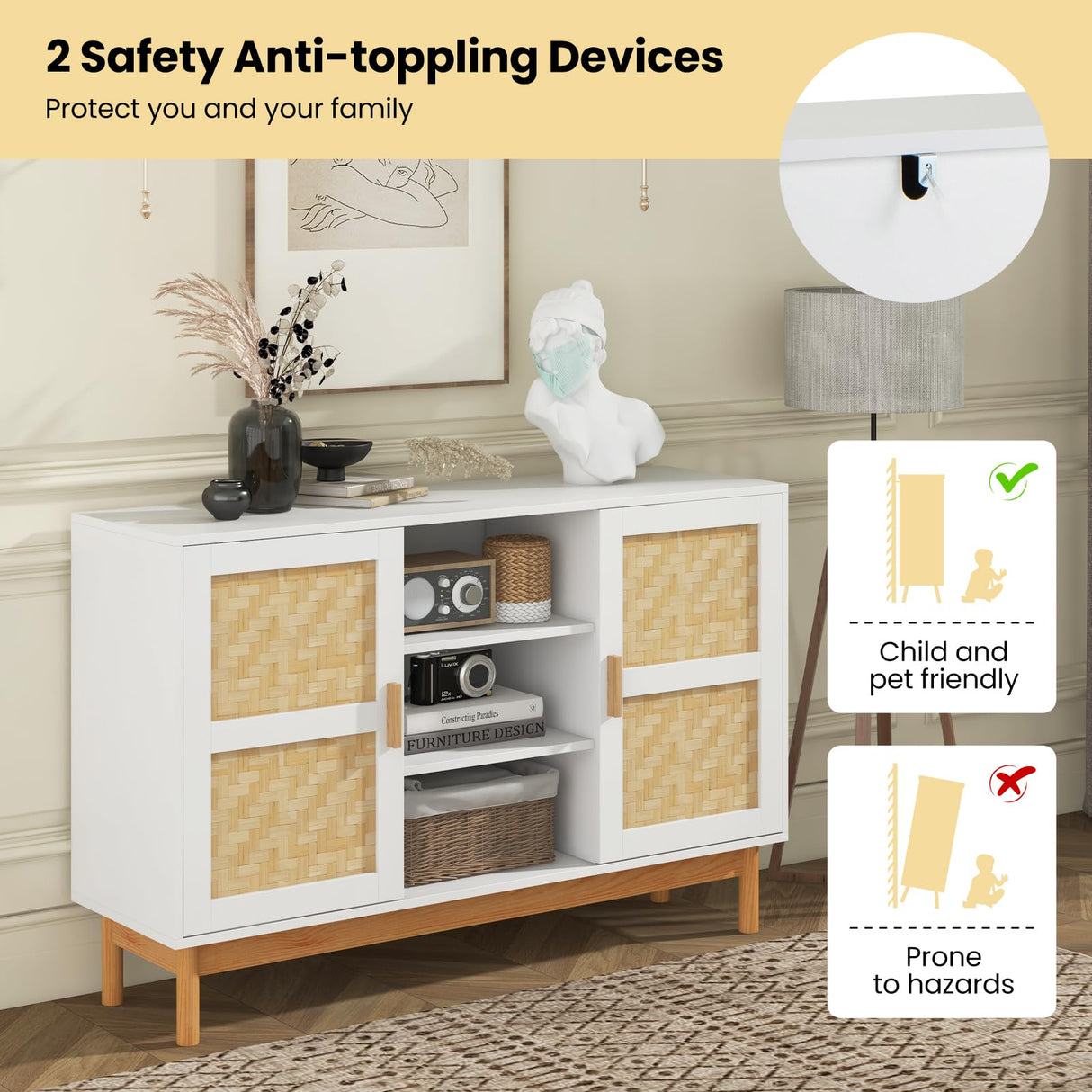 Giantex Buffet Sideboard, Kitchen Storage Cabinet with 3 Open Shelves & 2 Side Cabinets, 48” Wood Cupboard w/ 2 Bamboo Woven Doors, Console Table for Living Room Entryway Coffee Bar, Natural Giantex