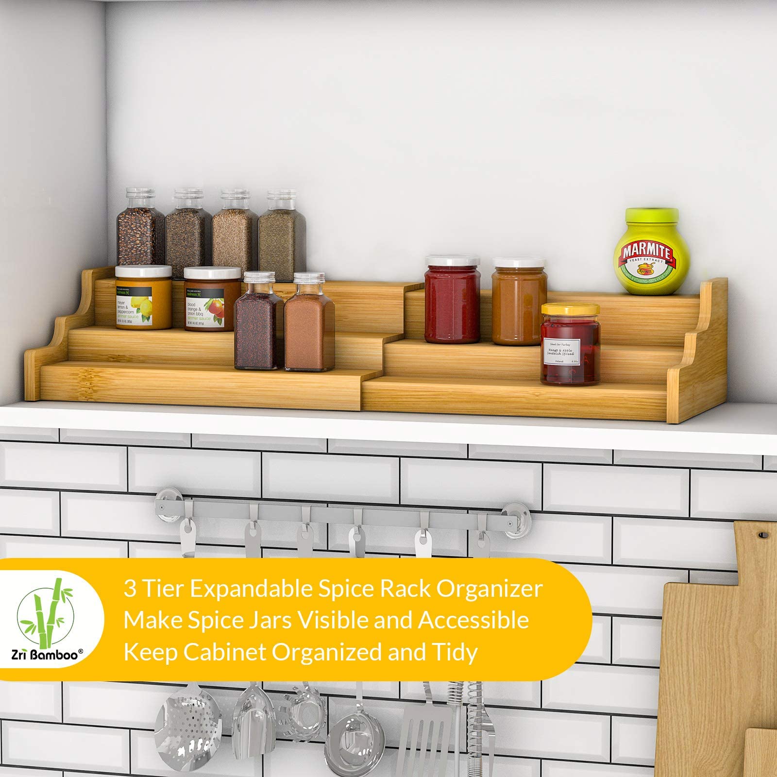 Spice Rack Kitchen Cabinet Organizer- 3 Tier Bamboo Expandable Display Shelf - WoodArtSupply