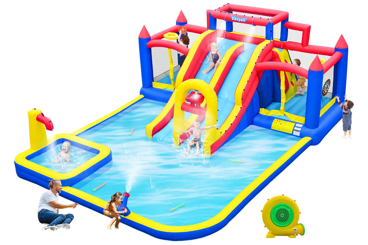 Easyair Deluxe Large Inflatable Water Slide for Big Kids, 20.5 ft L x 16.4 ft W x 7.6 ft H Water Bounce House, Outdoor Blow Up Pool, Climbing Wall, Basketball Hoop, Throw Ball Game, with 950W Blower EASYAIR