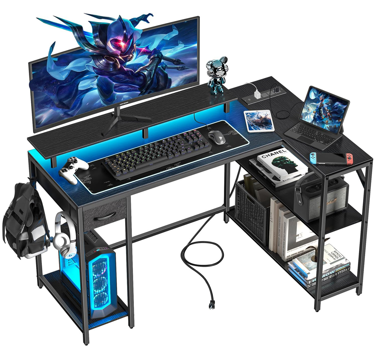 Eivanet 47 inch Gaming Desk with Power Outlet & LED Light, Reversible L Shaped Desk, L Shaped Desk with Hook & Monitor Stand, Computer Desk with Drawer and Shelves for Home Office Bedroom Eivanet