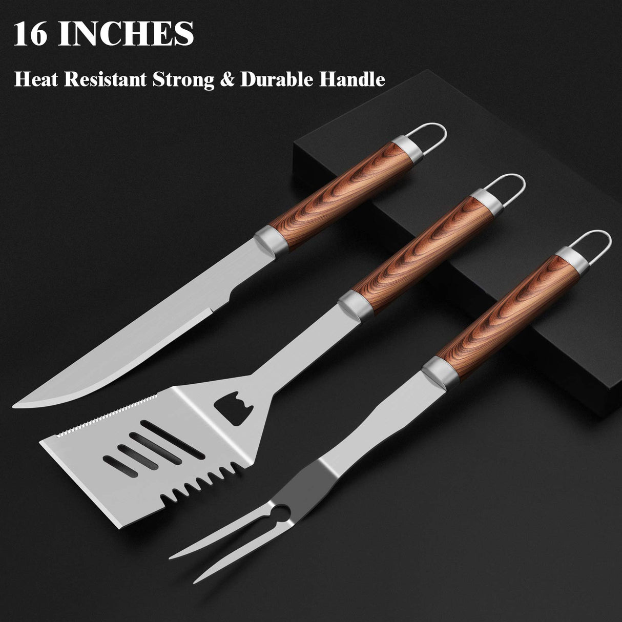 ROMANTICIST 25pcs Extra Thick Stainless Steel Grill Tool Set for Men, Heavy Duty Grilling Accessories Kit for Backyard, BBQ Utensils Gift Set with Spatula,Tongs in Aluminum Case for Birthday Brown ROMANTICIST