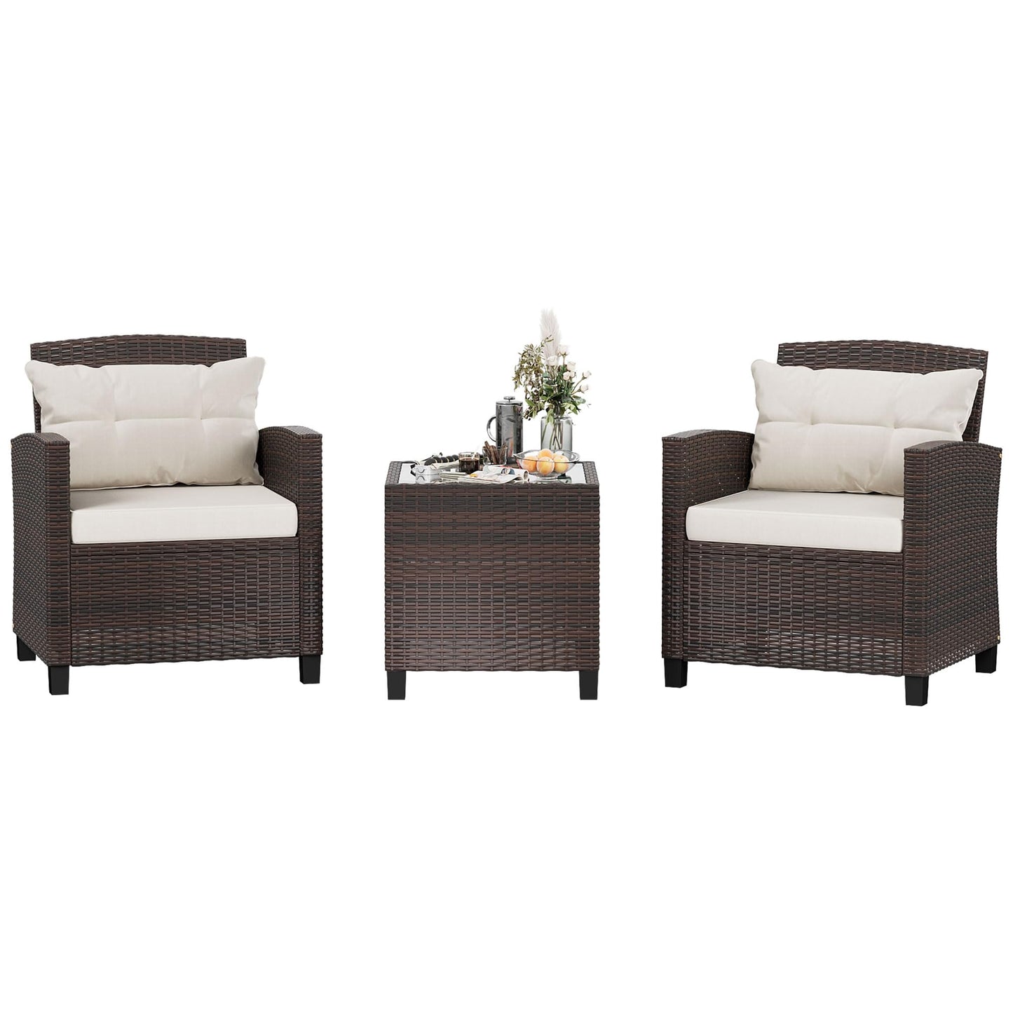 Shintenchi 3 Pieces Patio Furniture Set 3 Pieces PE Rattan Wicker Chairs with Table Outdoor Furniture for Backyard/Garden/Poolside/Outdoor Restaurant Brown Rattan with White Cushion - WoodArtSupply