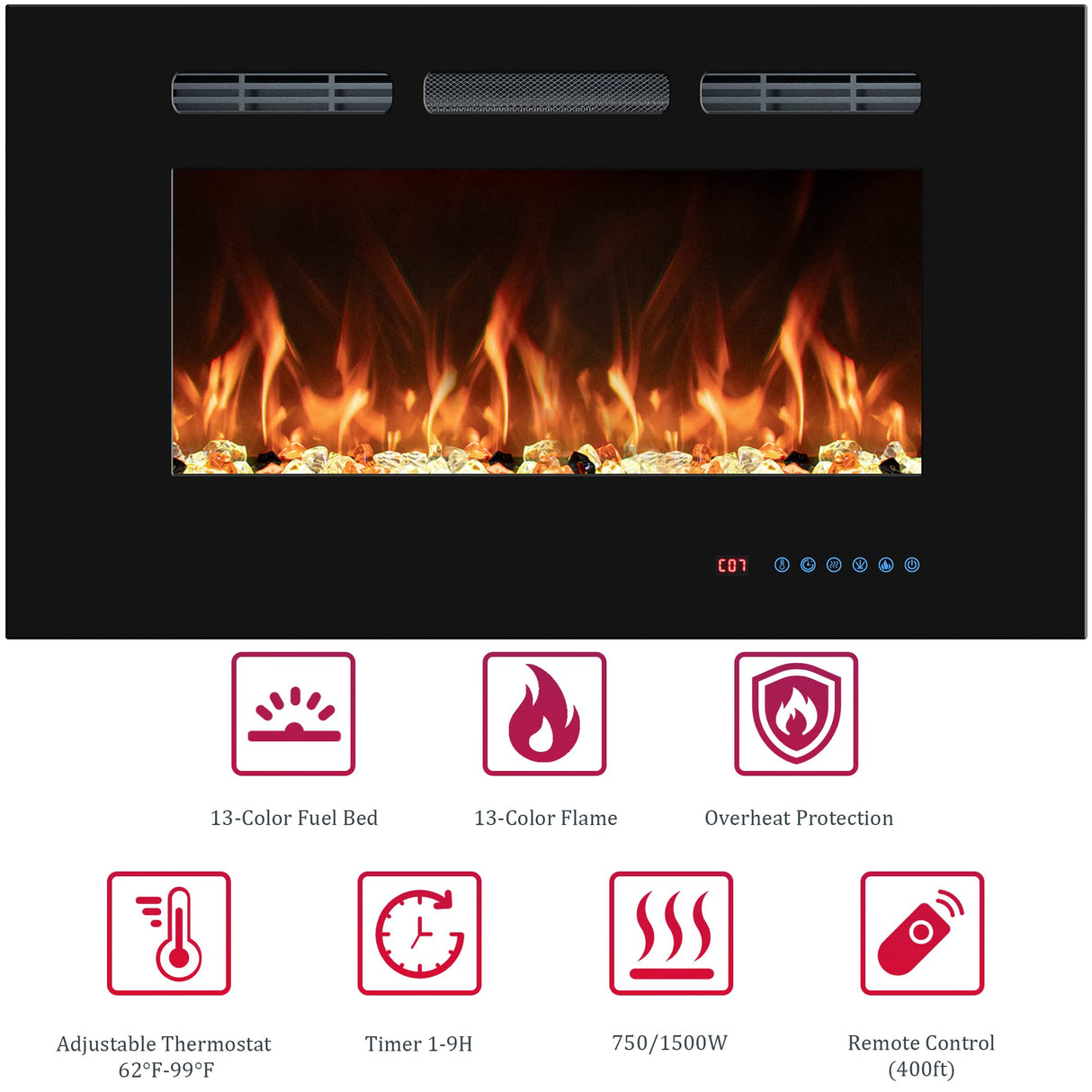 VINEMOUNT 48'' Electric Fireplaces Inserts, Recessed & Wall-Mounted Fireplace Heater with Thermostat, Multicolor Flames,Timer, Log & Crystal, 750/1500W, Black VINEMOUNT