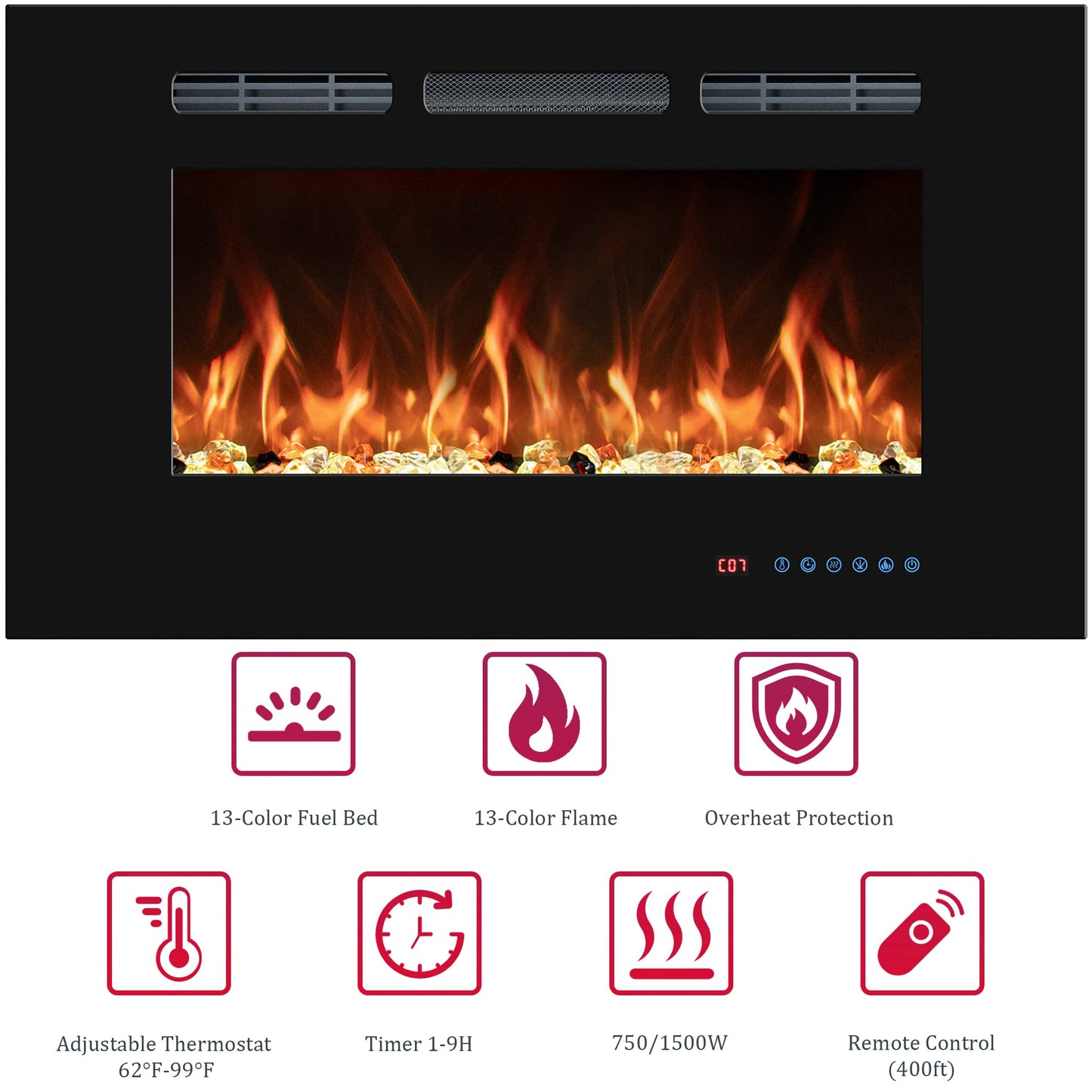 VINEMOUNT 48'' Electric Fireplaces Inserts, Recessed & Wall-Mounted Fireplace Heater with Thermostat, Multicolor Flames,Timer, Log & Crystal, 750/1500W, Black