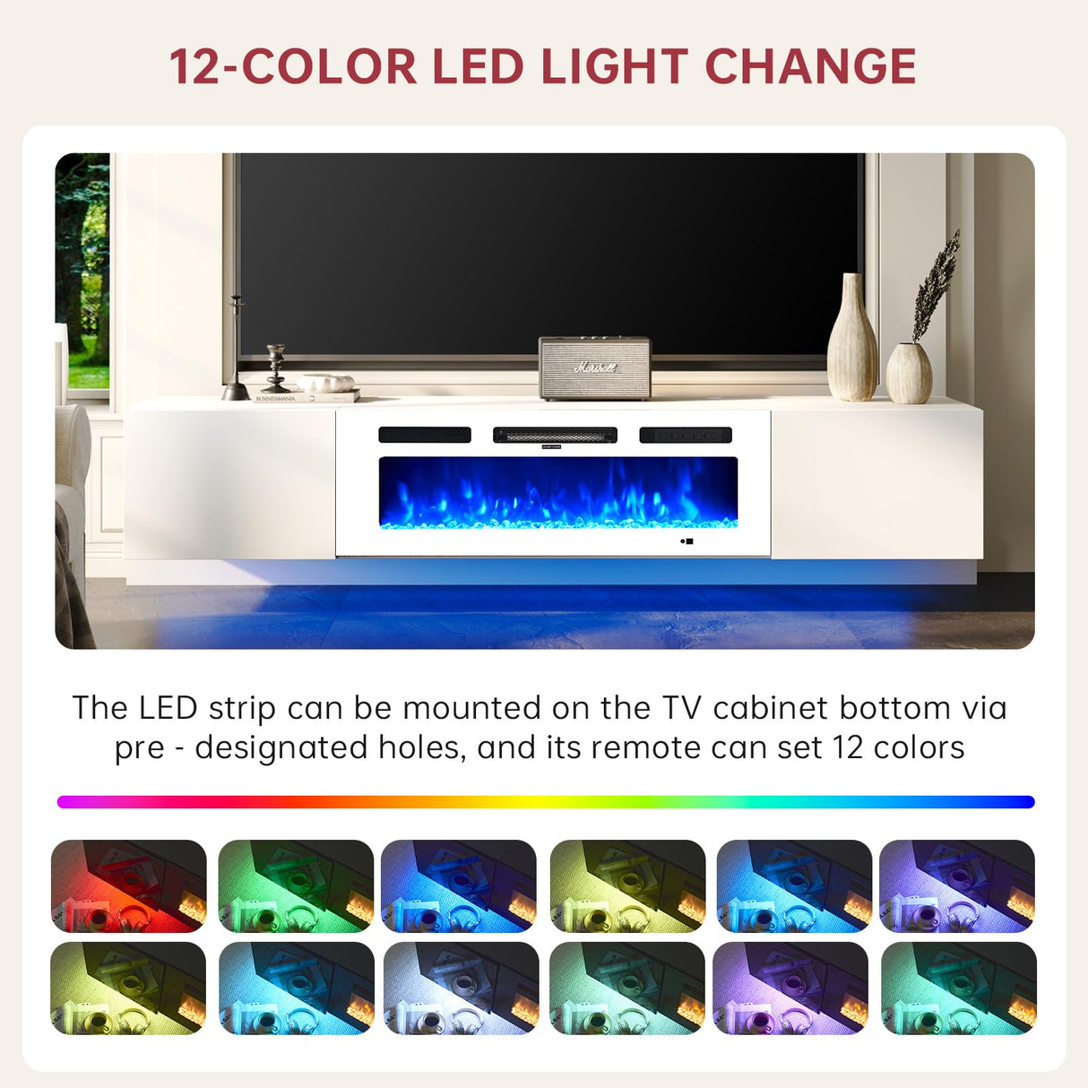 oneinmil 70" Floating Fireplace TV Stand with 36" Electric Fireplace, Wall Mounted Floating Entertainment Center with Storage, TV Console with Fireplace, Floating TV Cabinet, All White oneinmil