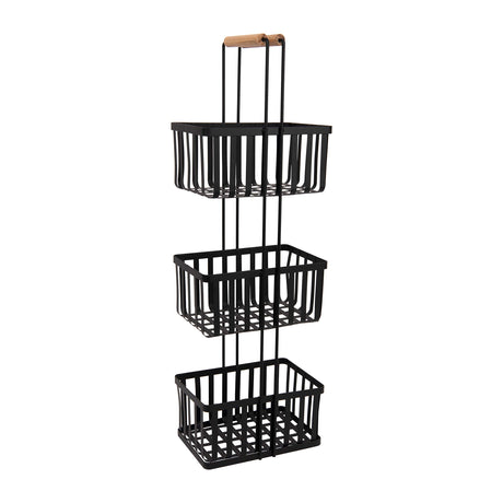 Simplify 3 Tier Metal Spa Tower | Bamboo Handles | Decorative Shelving Unit | Baskets | Bathroom Storage | Toiletries | Towels | Soap | Black Simplify