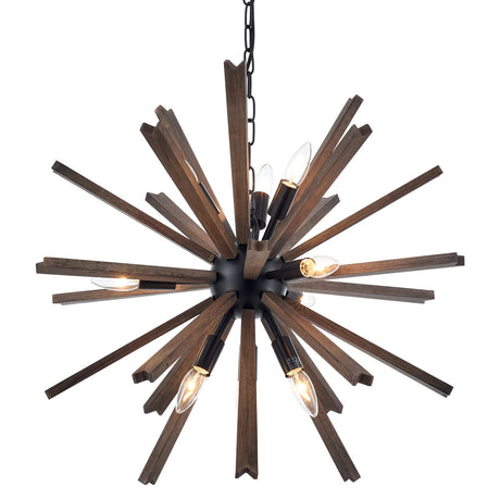 VANZARLA 9-Light Sputnik Pendant Light Black, Farmhouse Wood Chandelier for Dining Room Industrial Hanging Light Fixture Ceiling for Bedroom Entryway Kitchen Foyer Living Room VANZARLA