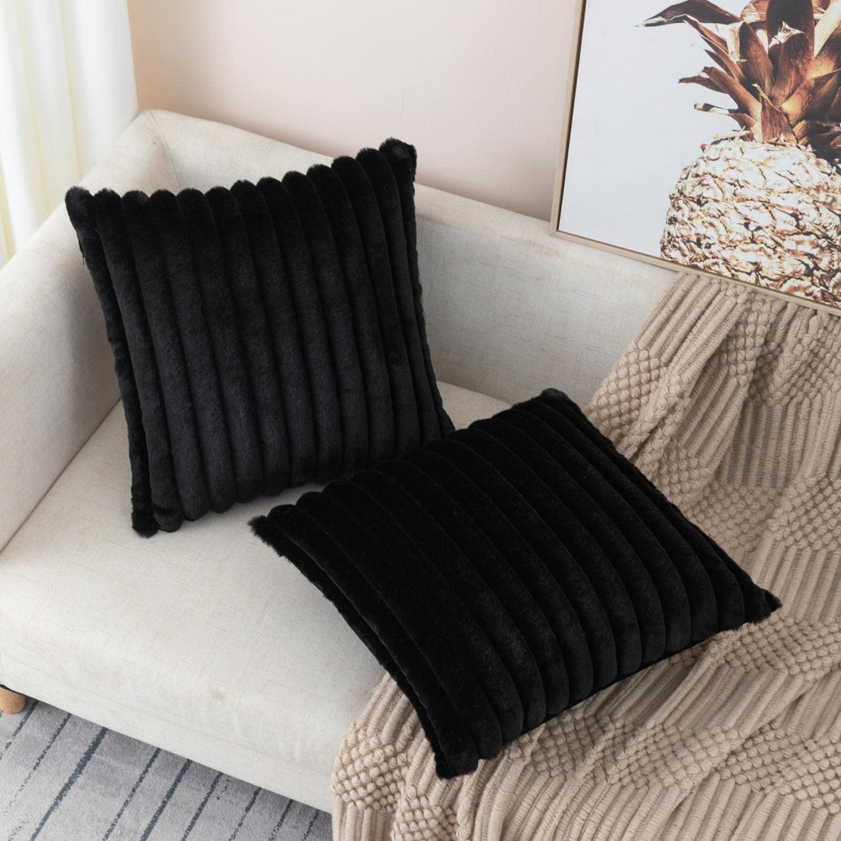 ZLINA Set of 2 Black Faux Fur Decorative Throw Pillow Covers Fluffy Striped Pillowcase Cushion Covers 18 x 18 Inch Decor Sofa Couch Bedroom ZLINA