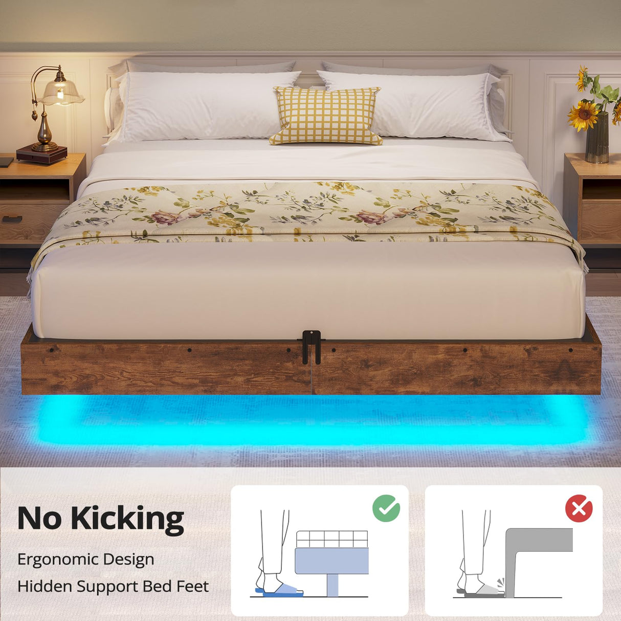 BTHFST Vintage Brown Floating Bed Frame with LED Lights – Industrial Metal & Wooden Full Platform Design, No Box Spring Required, Easy Assembly BTHFST