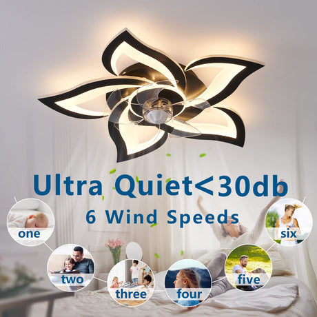 Dalouguan Ceiling Fan with Lights Remote Control, 24" Black, 6 Speeds 3 Light Color Low Profile Flush Mount Ceiling Fan for Kitchen Bedroom Dalouguan