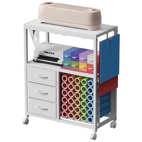 30 Vinyl Roll Holders for Cricut Cart, Rolling Craft Cart with 3 Fabric Drawer, Craft Organization and Storage Compatible with Cricut Maker Machine, Crafting Cabinet Table Workstation, White Jchccu