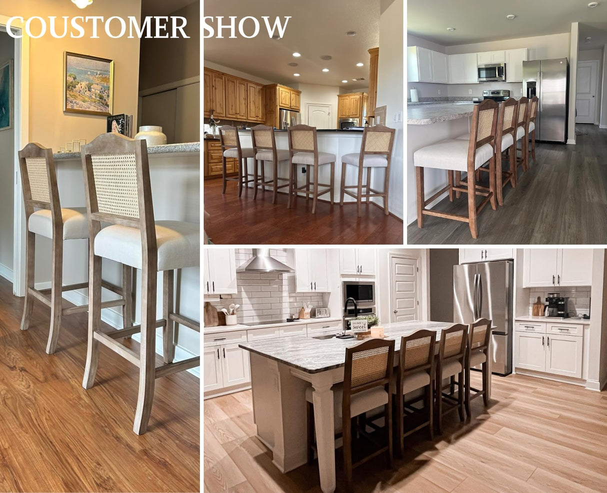 CIMOTA Counter Height Bar Stools Set of 4 Rattan Farmhouse Barstools Mid Century Modern Bar Chairs Upholstered Kitchen Stools with Wood Legs for Island/Dining Room, Linen Beige 26.5In CIMOTA