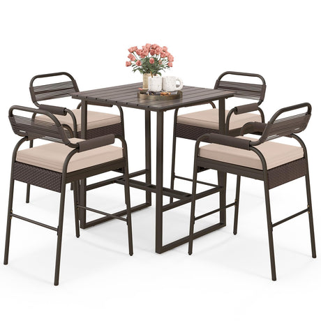 Tangkula 5-Piece Patio Rattan Bar Set, Counter Height Square Table with 4 Wicker Counter Stools, All-Weather Tabletop, Cushioned Outside Dining Set for Poolside, Backyard (Brown) Tangkula
