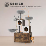 57.5-Inch Cat Tree with Litter Box Enclosure 2-in-1 Modern Cat Tower with Cat Condo/Hammock/Scratching Post/Plush Perch/Removable Pompom Sticks/Caves, Wooden Hidden Litter Box Furniture, Oak Brown OUTGOODS
