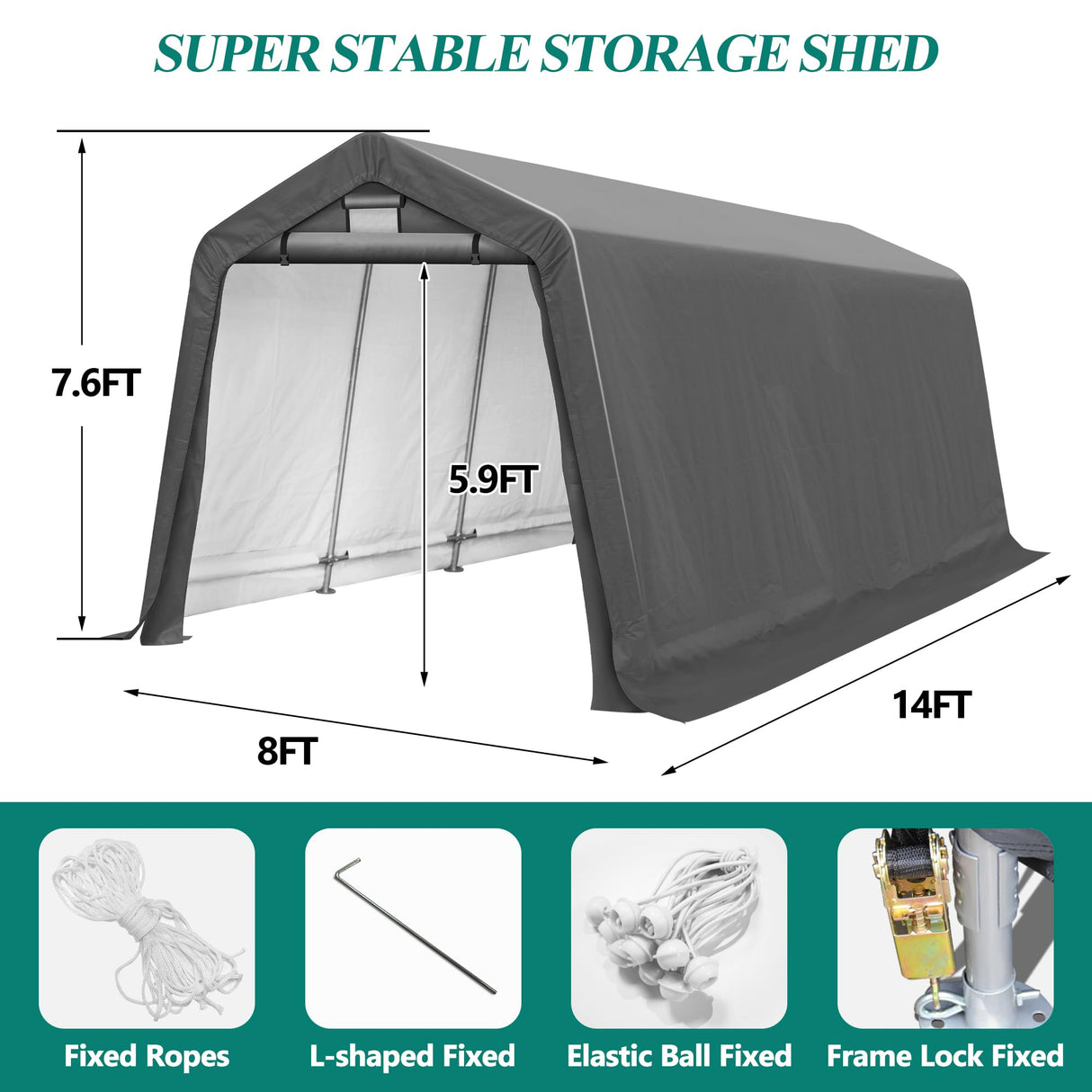 GARTOO 8' x 14' Outdoor Storage Shelter Shed- Heavy Duty Storage Tent with Roll-up Ventilated Windows, Portable Garage Zipper Storage shed for Bike, ATV, Motorcycle Shelter, Gray GARTOO