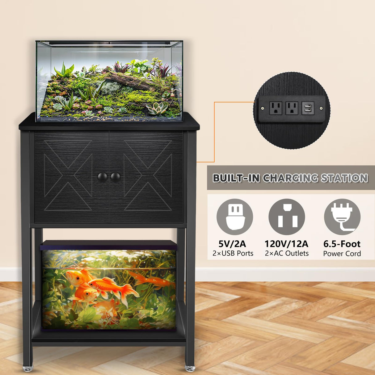 BEURUKU 5-10 Gallon Fish Tank Stand, Heavy Duty Aquarium Stand with Cabinet & Power Outlets for Fish Tank Accessories Storage, Double Tank Stand 20.5" L* 11" W Tabletop, 220LBS Capacity Black BEURUKU