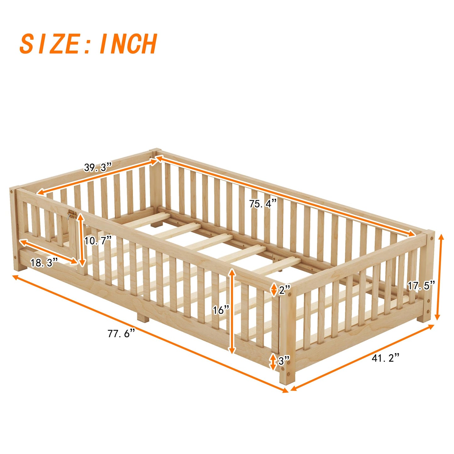 CITYLIGHT Twin Montessori Floor Bed with Rails and Door - Natural Wood Frame for Kids - WoodArtSupply