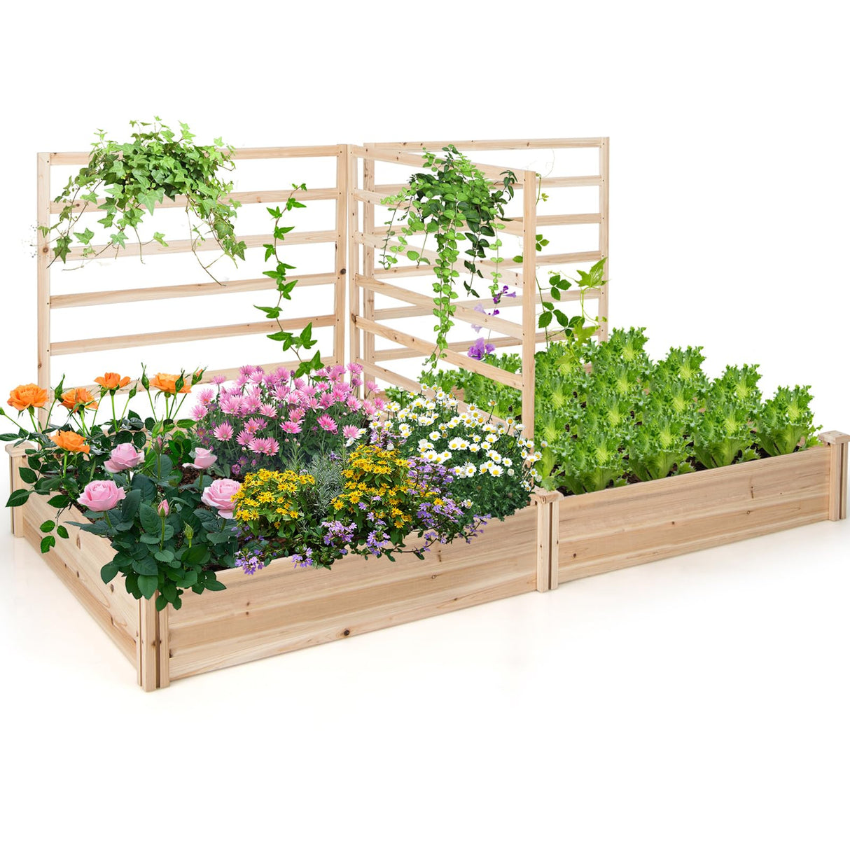 Giantex Raised Garden Bed with 3 Trellises, 88"L x 45"W x 43"H, Set of 2 Wood Planter Box for Vegetables Flowers Herbs Fruits Climbing Plants Cucumber, Easy Assembly, Outdoor Rectangular Raised Beds Giantex