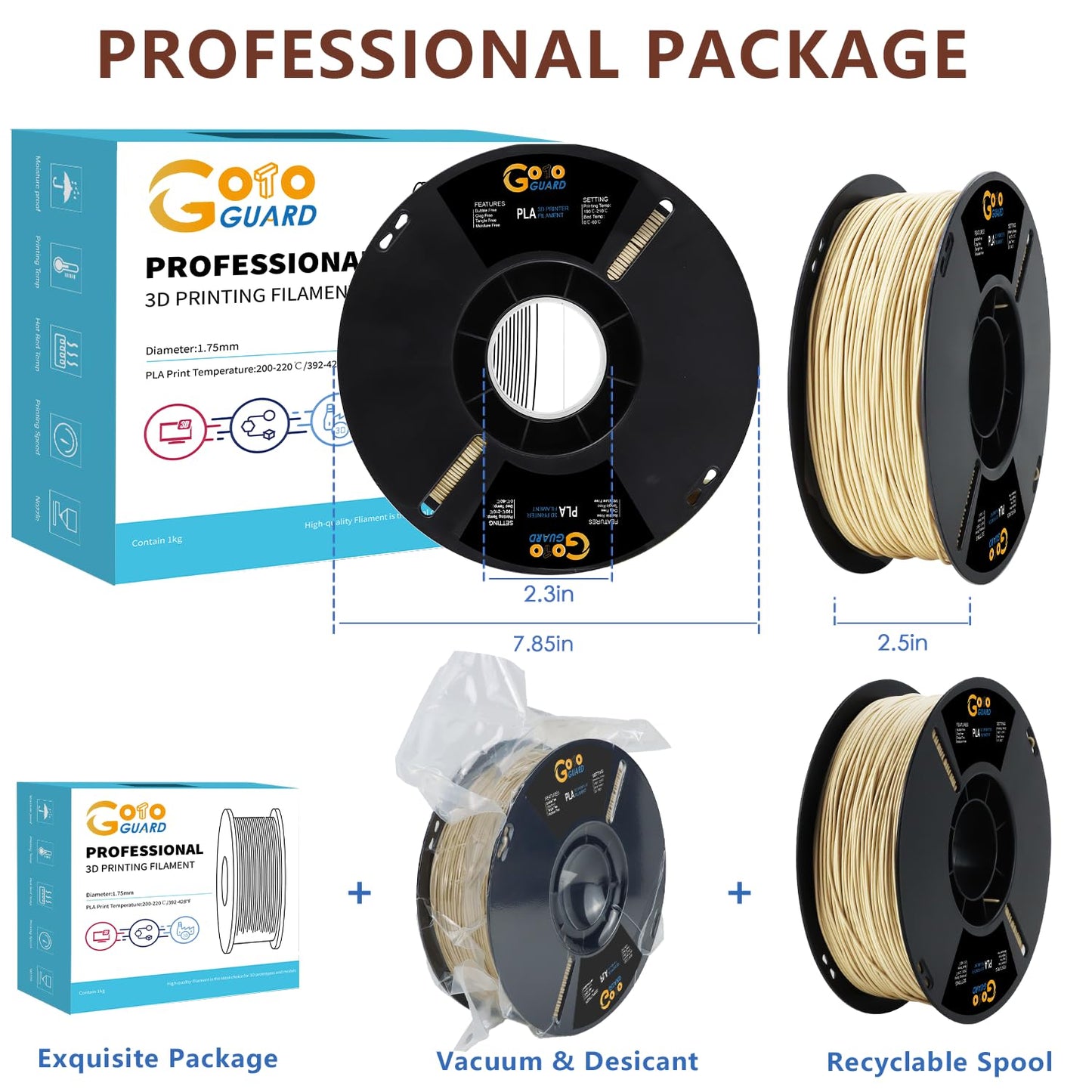 Goto Guard 3D Printer Filament, Natural Wood PLA Filament 1.75mm, 3D Printing Filament Matte Wood PLA with Real Wood Fiber for 3D Printers, Dimensional Accuracy 1.75±0.02mm, 1KG(2.2lbs)