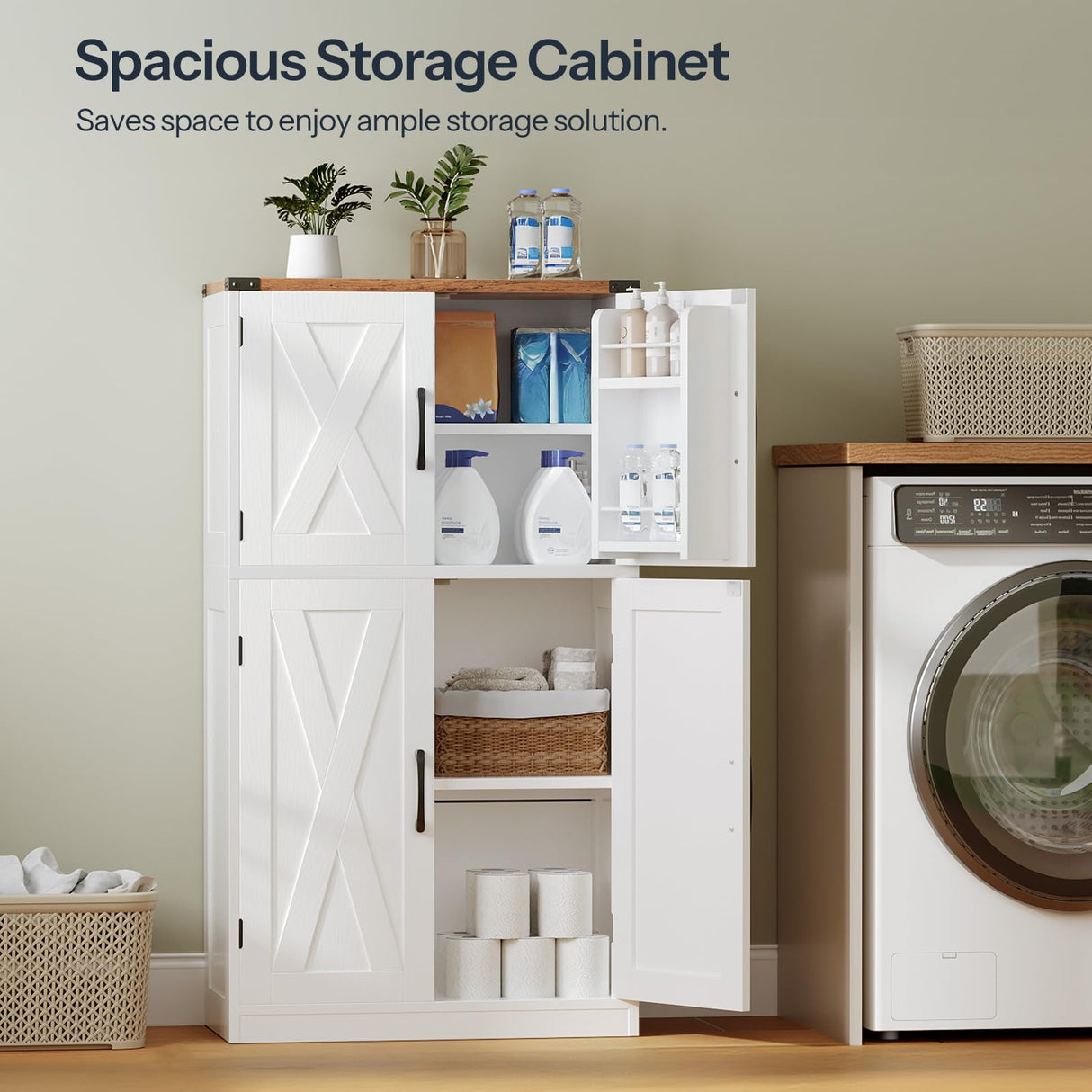 HOOBRO Bathroom Storage Cabinet, Farmhouse Freestanding Floor Cabinet with 2 Extra Hidden Storage Doors, Adjustable Shelves, Large Capacity, Easy Assembly, 11.8 x 23.6 x 43.5 Inches, White and Walnut HOOBRO