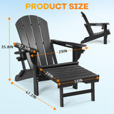 Rengue Folding Adirondack Chair with Retractable Ottoman, Patio Chair with Cup Holder, Wood Texture Fire Pit Chair, Heavy Duty HDPE Weather Resistant for Outdoor Lawn Porch Garden Backyard Deck Rengue