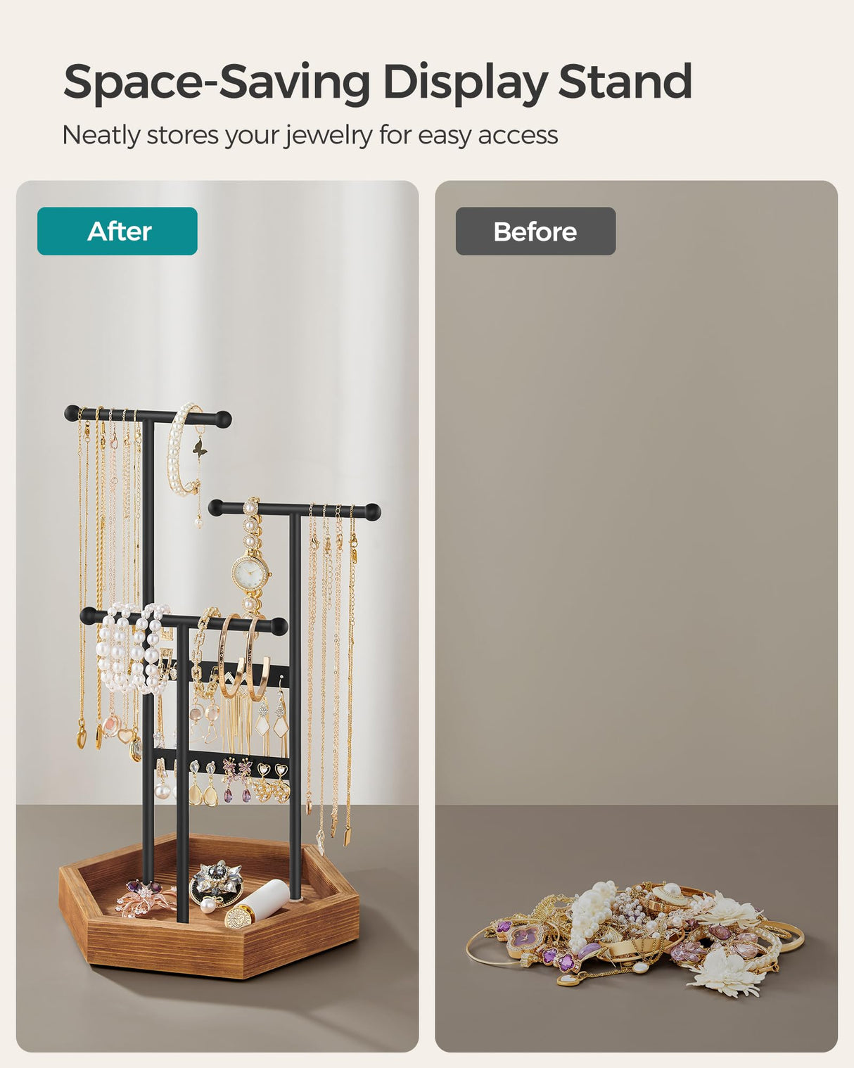 SONGMICS Jewelry Holder Organizer, 4 Independent Zones, Jewelry Display Stand, Metal Frame, Necklace Earring Bracelet Holder, for Rings, Valentine's Day Gift, Black and Caramel Brown UJJS03CB SONGMICS