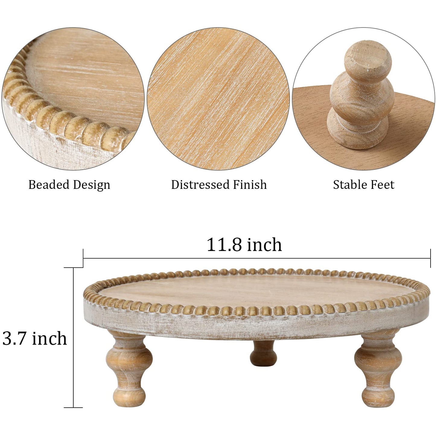 SwallowLiving Rustic Round Wood Tray Riser Farmhouse Pedestal Stand with Beaded Edge for Decor Wooden Finish Cupcake Display for Cakes and Decorative Items 11.8 inches