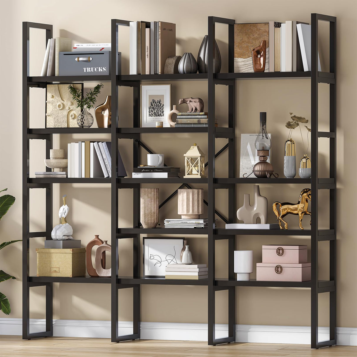 Jehiatek Large Bookshelf 5 Tiers, Triple Wide Geometric Bookcase, 71 Inches Tall Industrial Book Shelves Etagere Book Case, Sturdy Metal Frame, Freestanding Display Shelving Unit, Black Jehiatek