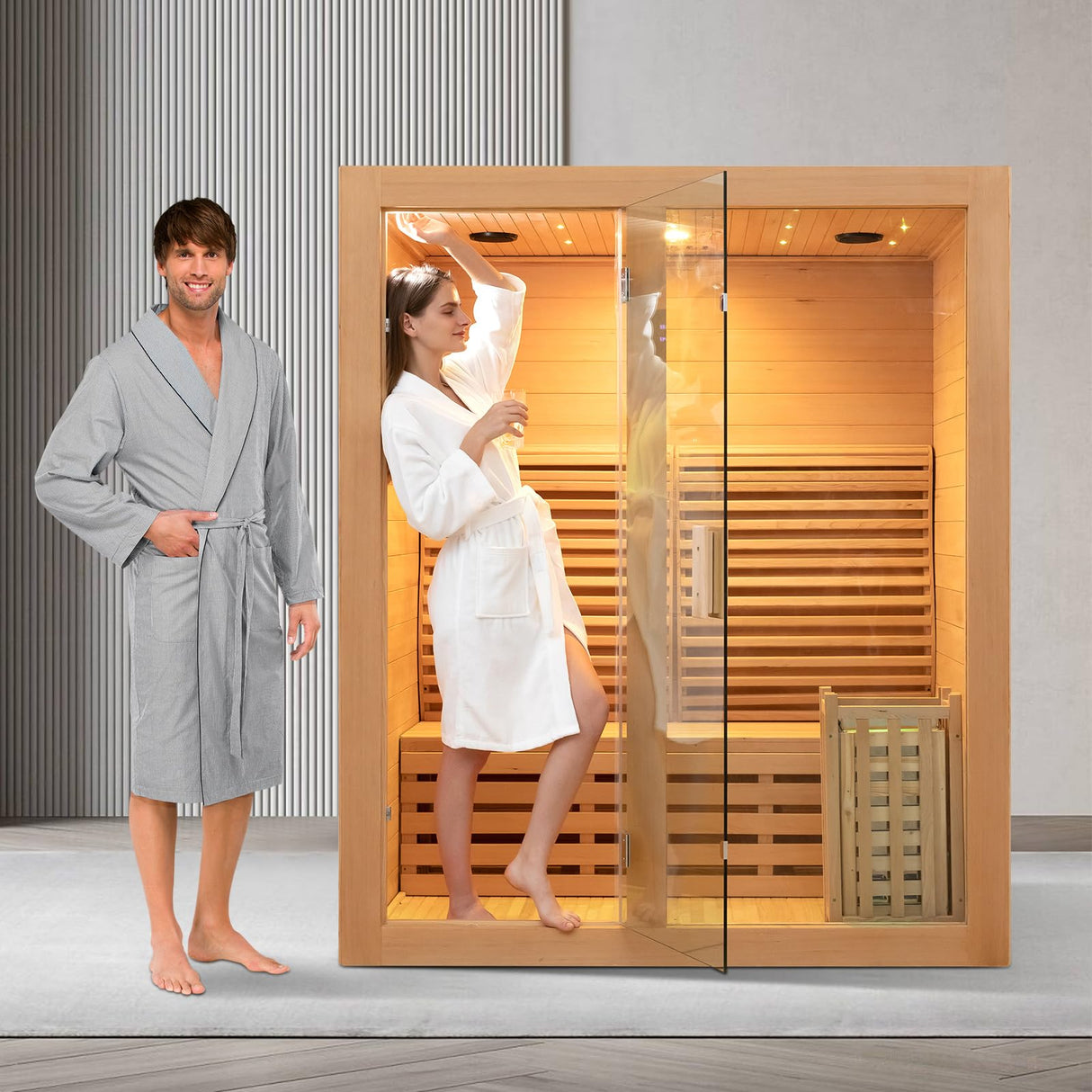ZONEMEL Wooden Steam Sauna Room, 2 Person Canadian Hemlock Luxurious Indoor Sauna with 3 KW Harvia Stove Heater, Bluetooth Speaker, Sauna Stone, Wooden Bucket, Scoop, Reading Light, Hourglass ZONEMEL