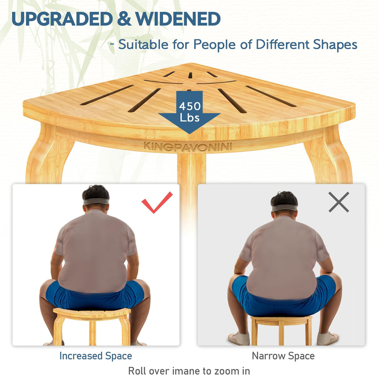 KingPavonini Bamboo Corner Shower Stool for Shaving Legs Foot Rest, Waterproof Bath Bench Seat with Storage Shelf for Bathroom Inside Shower, Hold Up to 450Lbs KingPavonini