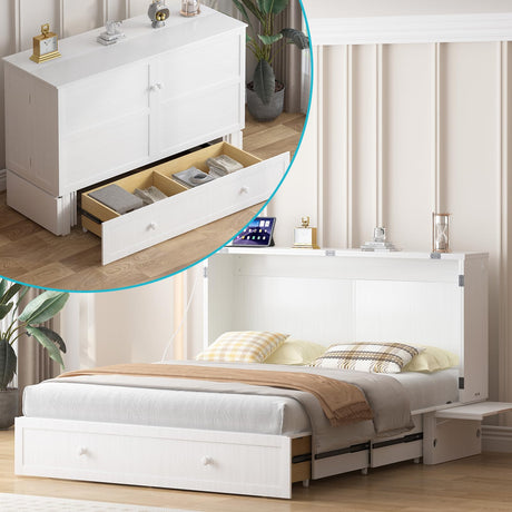 CECER Queen Size Solid Wood Murphy Bed with Memory Foam Mattress，Murphy Bed with Charging Station and Two Large Storage Drawers for Small Spaces/Bedroom/Guest Room（White） CECER
