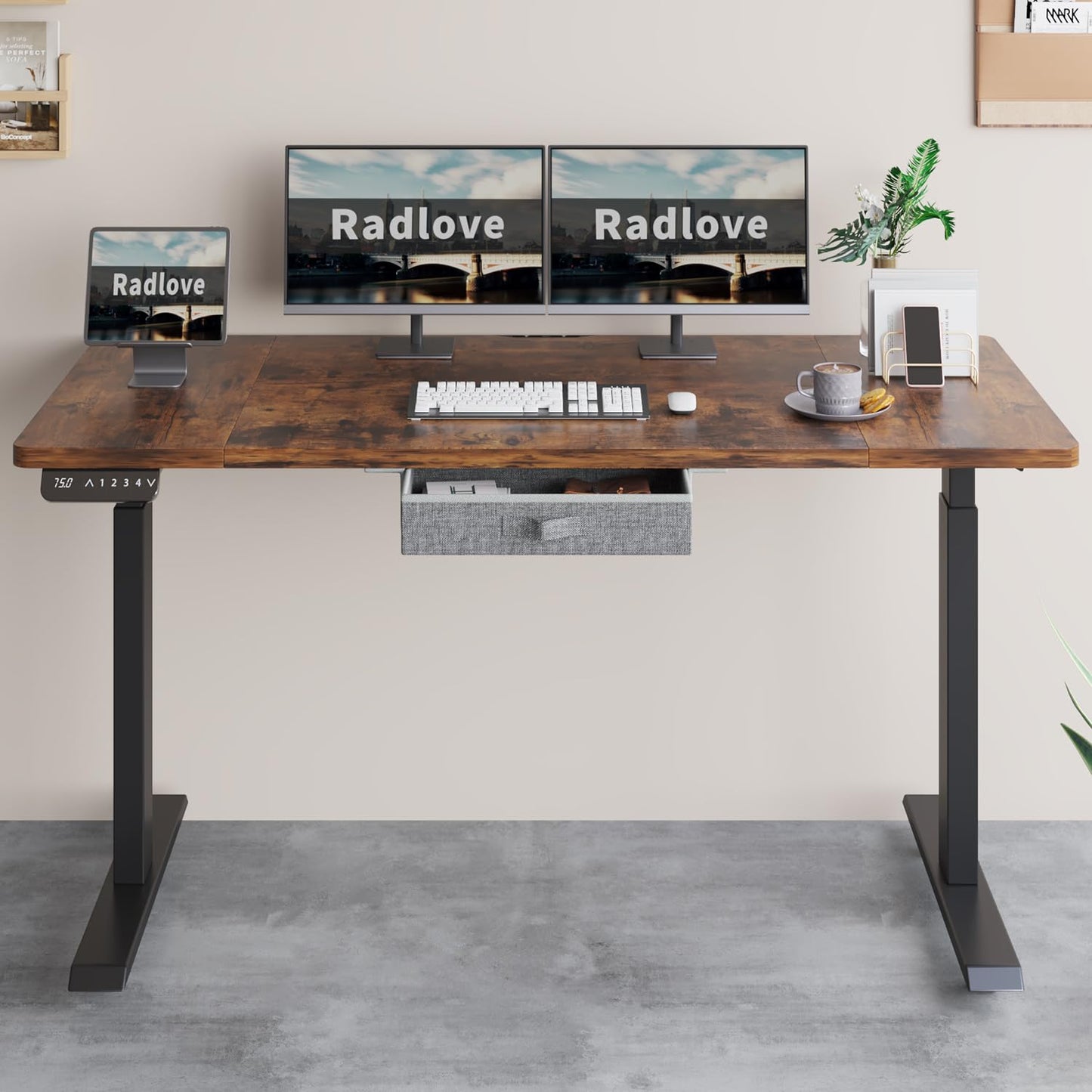 Radlove Dual Motors Height Adjustable 63 x 30'' Electric Standing Desk with Drawer Stand Up Table 4 Memory Keys, Computer Desk with Splice Board Home Office Desk, Rustic Brown Top + Black Fra - WoodArtSupply