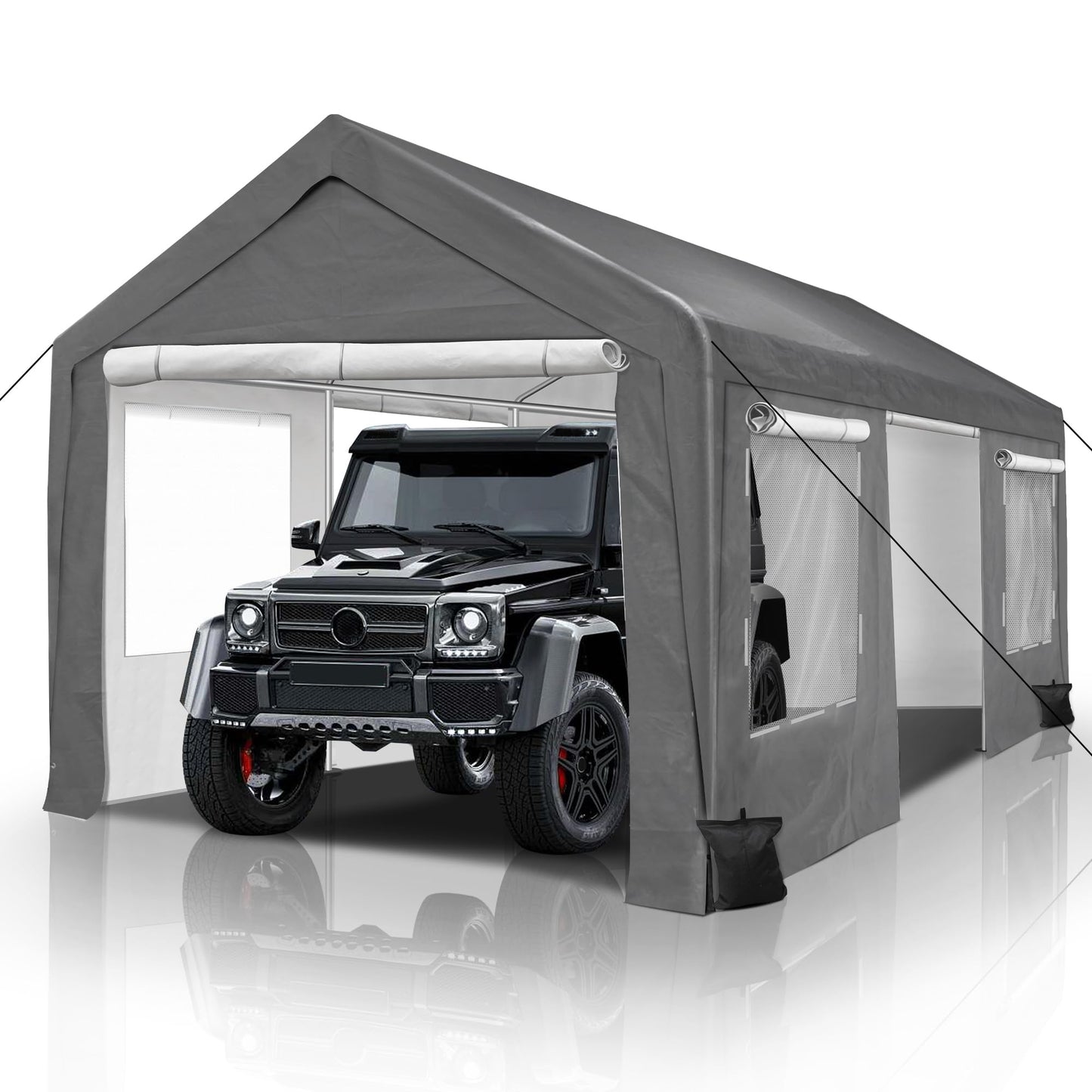 QZEN Carport 10x20ft Portable Garage, Heavy Duty Car Canopy with Roll-up Ventilated Windows & Side Doors, Car Port for SUV, F150, Car, Truck, Boat (10' x 20'Grey and White)